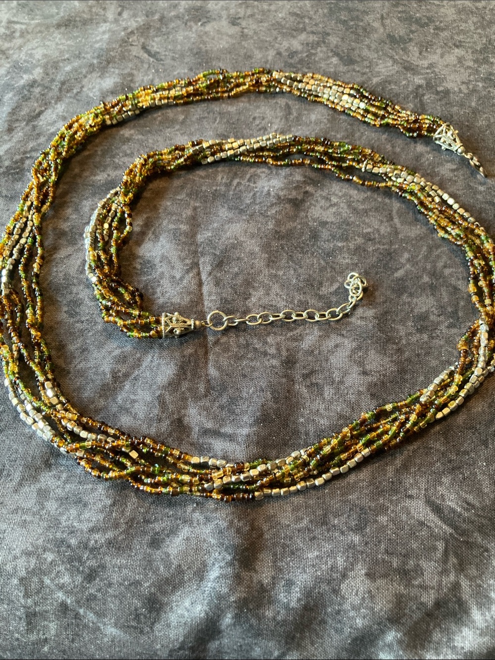 Multi-Strand Metallic Look Boho Bead Necklace - Olive Green & Gold
